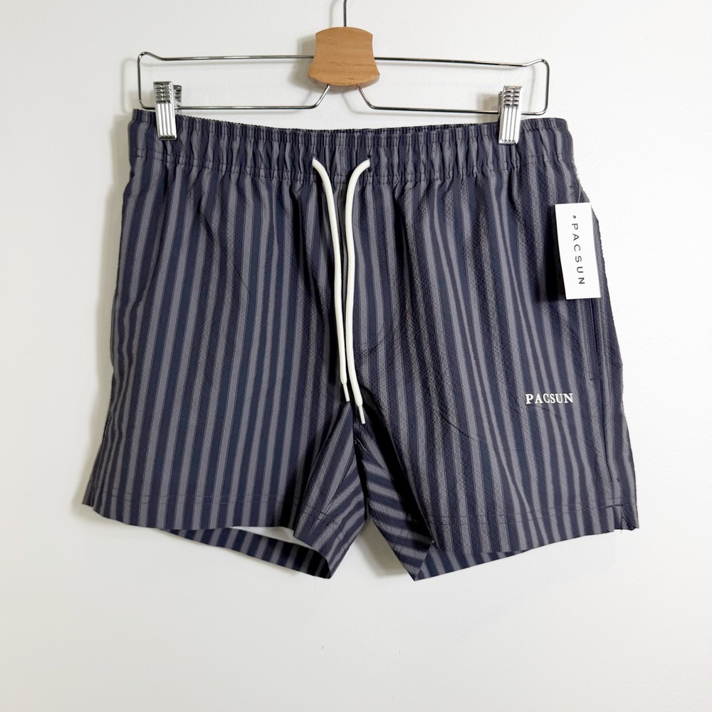 PacSun Swim Trunks Mens Small Black Gray Striped Seersucker Board Shorts NWT